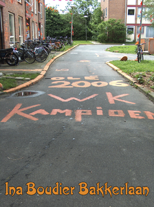 716554 Fotopaneeltje, met een afbeelding van oranjeversieringen op het studentencomplex Ina Boudier-Bakkerlaan (IBB) te ...